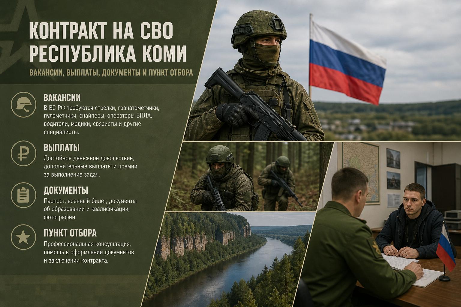 Контракт на СВО в Республике Коми: какие есть вакансии, какие выплаты предусмотрены, какие нужны документы и где находится пункт отбора