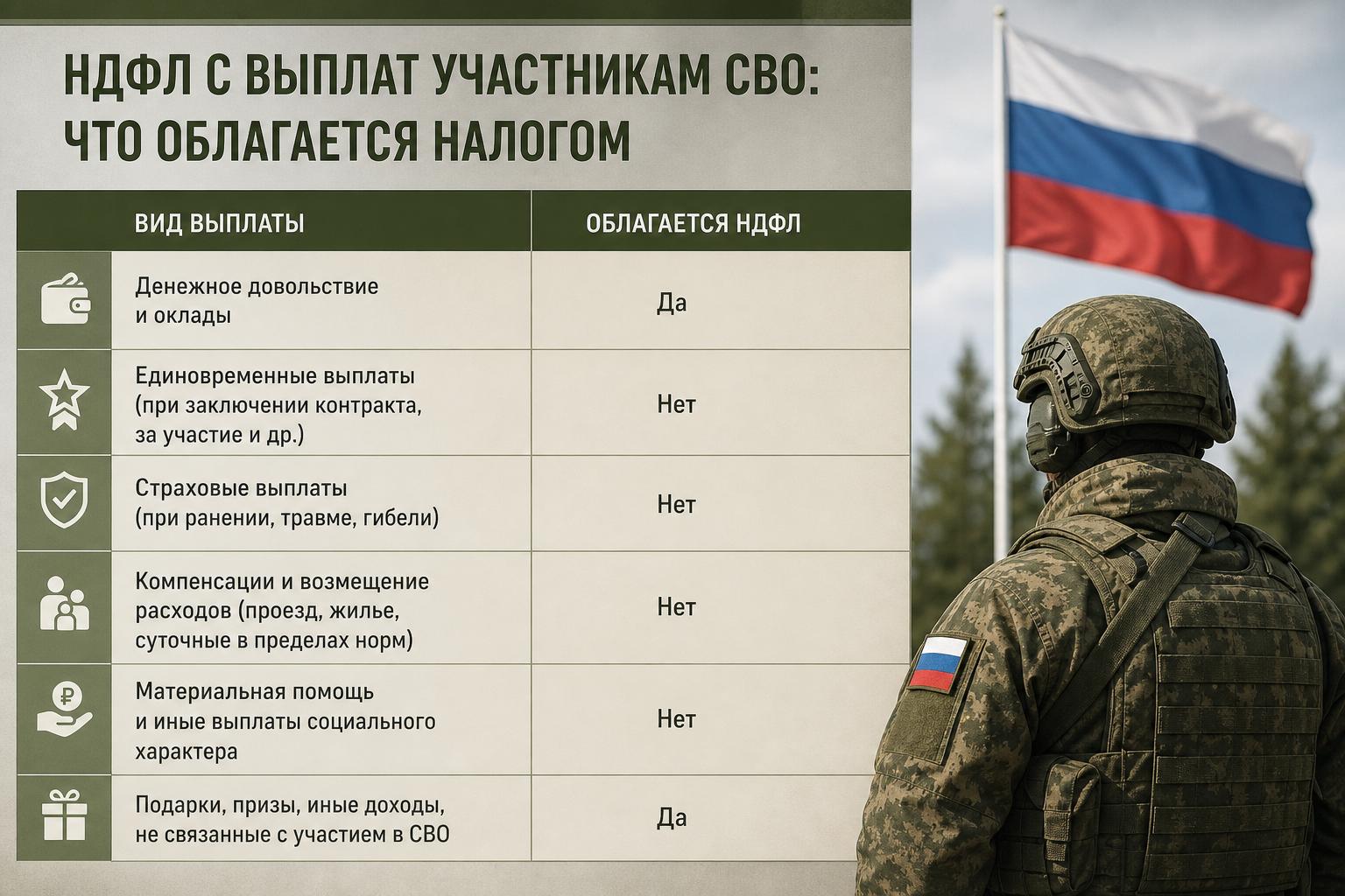 НДФЛ с выплат участникам СВО: что облагается налогом. Короткая таблица по основным видам выплат НДФЛ с выплат участникам СВО: что облагается налогом. Короткая таблица по основным видам выплат