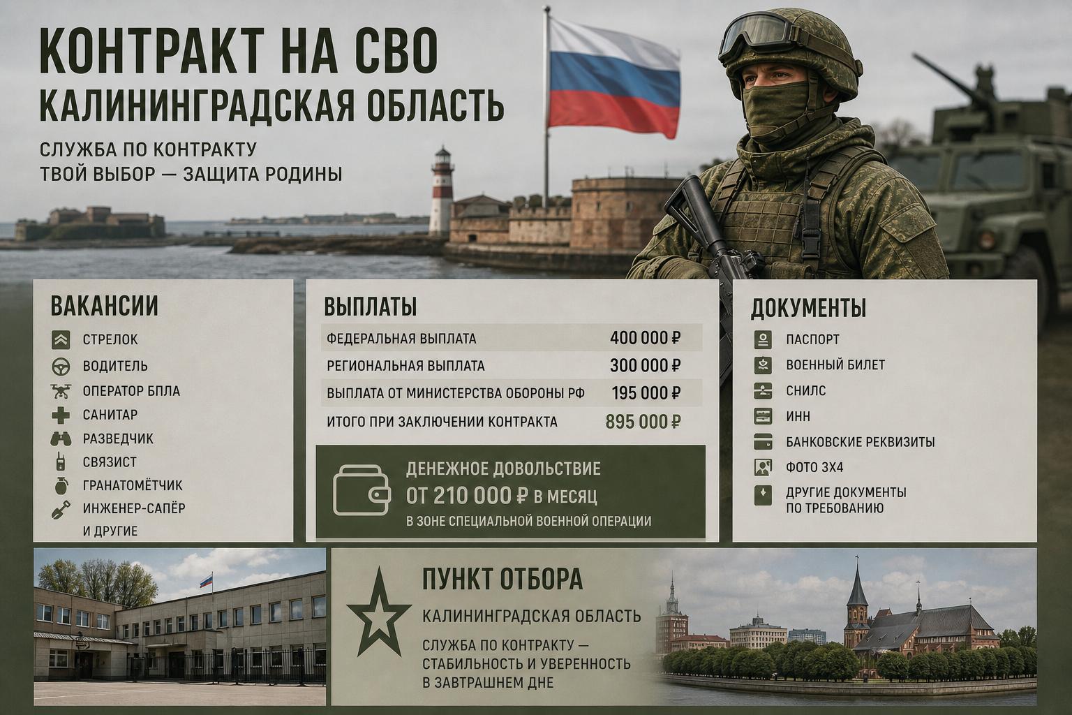 Контракт на СВО — Калининградская область: вакансии, выплаты, документы и пункт отбора. Выплаты, которые обычно обсуждают в первую очередь Контракт на СВО — Калининградская область: вакансии, выплаты, документы и пункт отбора. Выплаты, которые обычно обсуждают в первую очередь