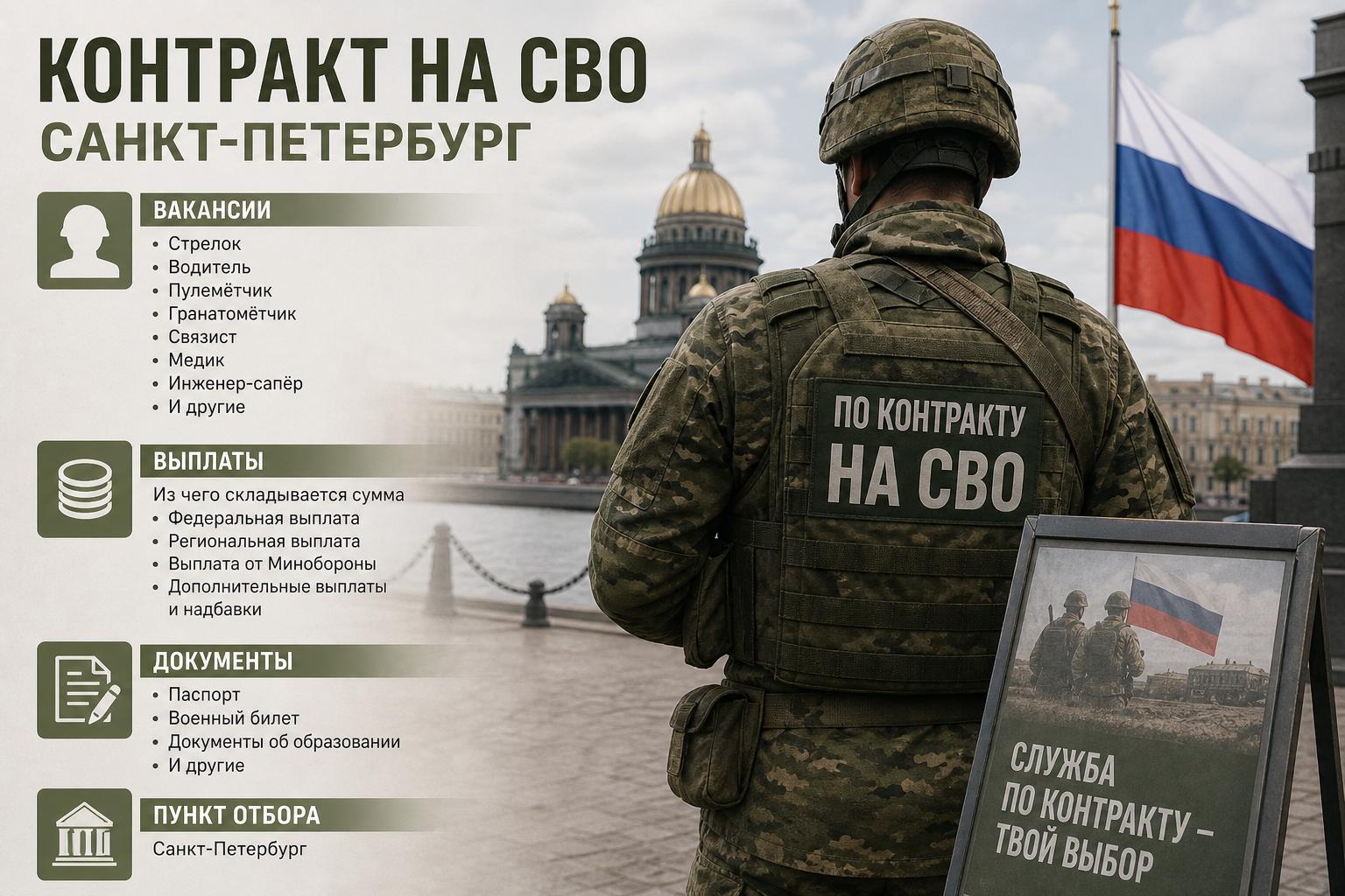 Контракт на СВО — Санкт-Петербург: вакансии, выплаты, документы и пункт отбора. Выплаты: из чего складывается сумма