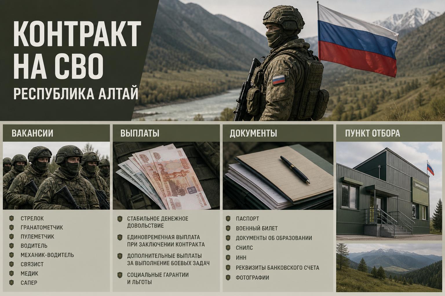 Контракт на СВО — Республика Алтай: вакансии, выплаты, документы и пункт отбора