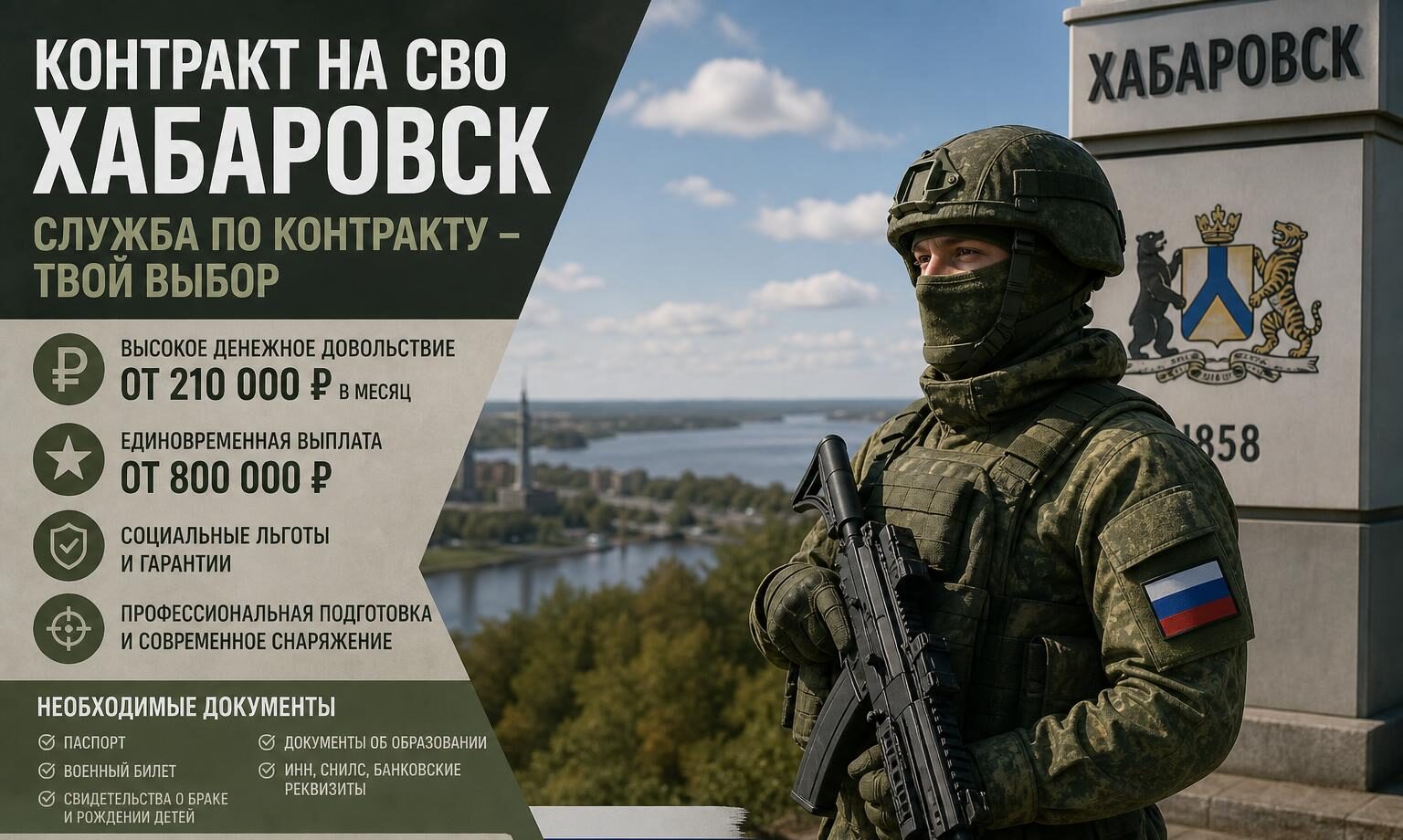 Контракт на СВО в Хабаровске: какие бывают вакансии, какие выплаты положены и куда идти с документами