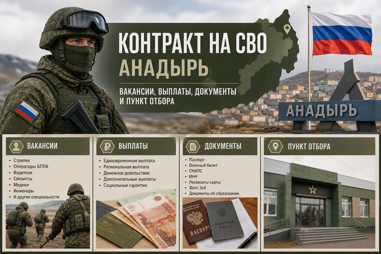Контракт на СВО — Анадырь: вакансии, выплаты, документы и пункт отбора. Пункт отбора и куда обращаться Контракт на СВО — Анадырь: вакансии, выплаты, документы и пункт отбора. Пункт отбора и куда обращаться