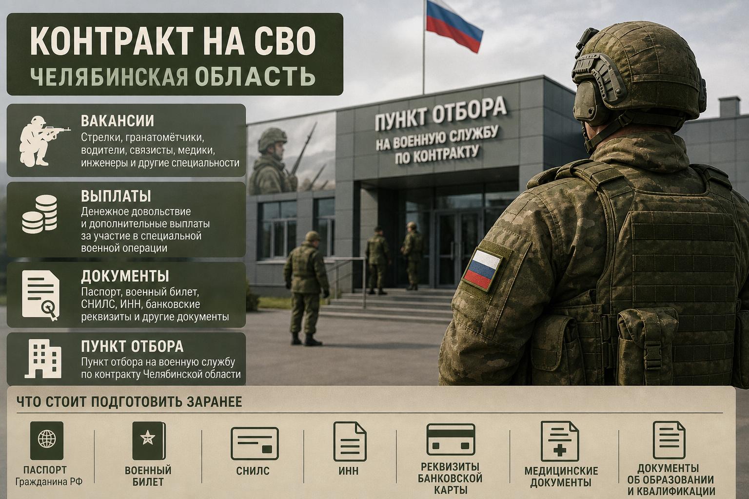 Контракт на СВО — Челябинская область: вакансии, выплаты, документы и пункт отбора. Краткий список того, что стоит подготовить заранее Контракт на СВО — Челябинская область: вакансии, выплаты, документы и пункт отбора. Краткий список того, что стоит подготовить заранее