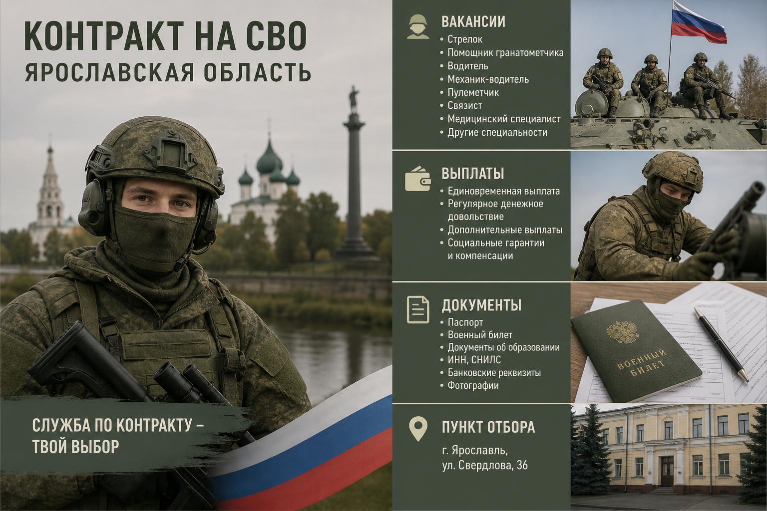 Контракт на СВО — Ярославская область: вакансии, выплаты, документы и пункт отбора. Куда обращаться и где находится пункт отбора