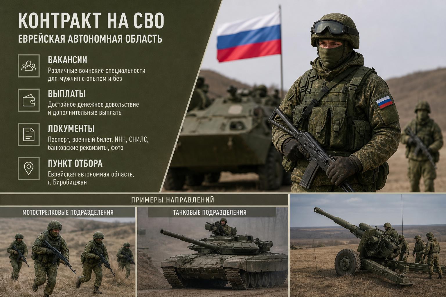 Контракт на СВО — Еврейская автономная область: вакансии, выплаты, документы и пункт отбора. Примеры направлений, которые обычно рассматривают Контракт на СВО — Еврейская автономная область: вакансии, выплаты, документы и пункт отбора. Примеры направлений, которые обычно рассматривают