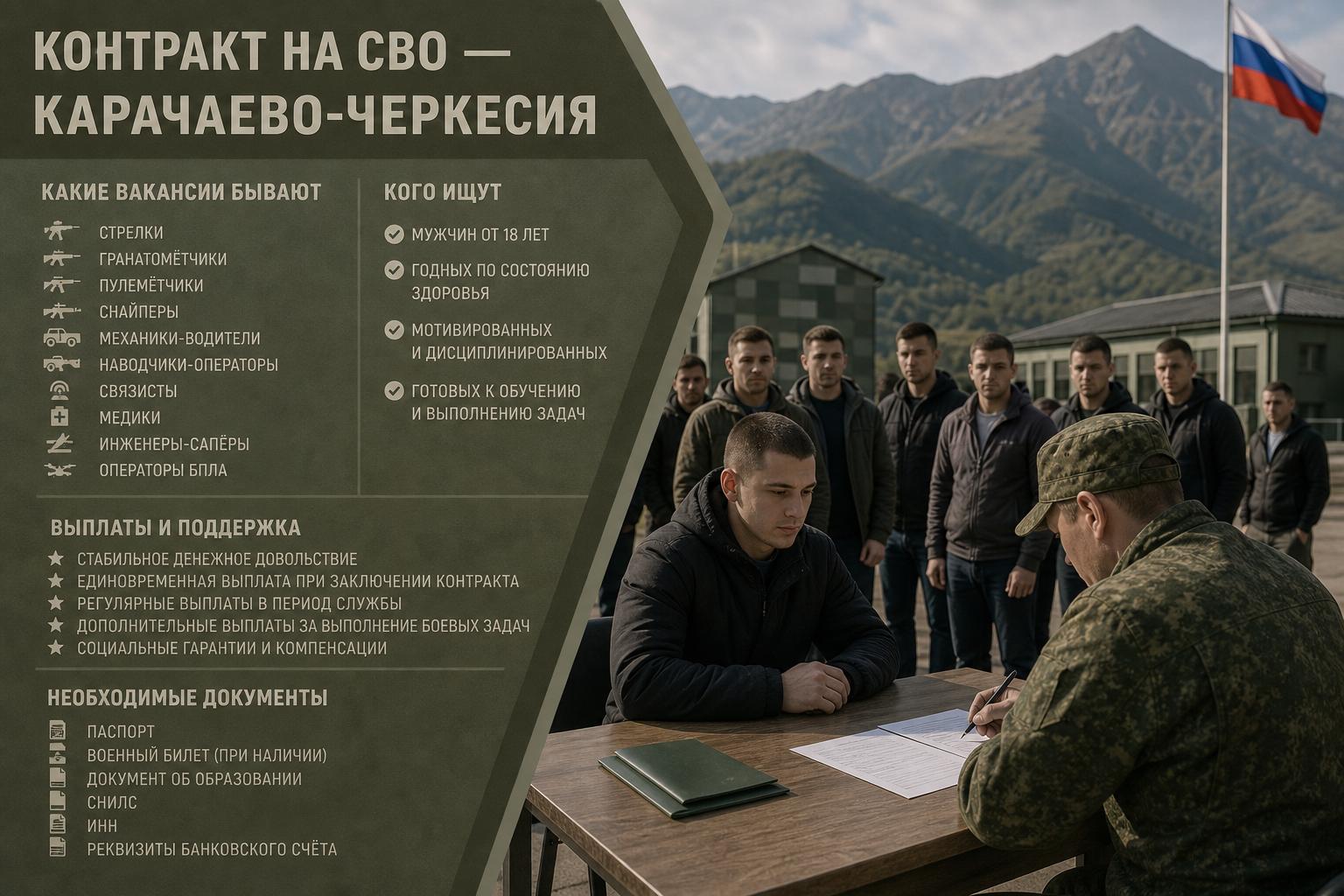 Контракт на СВО — Карачаево-Черкесия: вакансии, выплаты, документы и пункт отбора. Какие вакансии бывают и кого ищут Контракт на СВО — Карачаево-Черкесия: вакансии, выплаты, документы и пункт отбора. Какие вакансии бывают и кого ищут